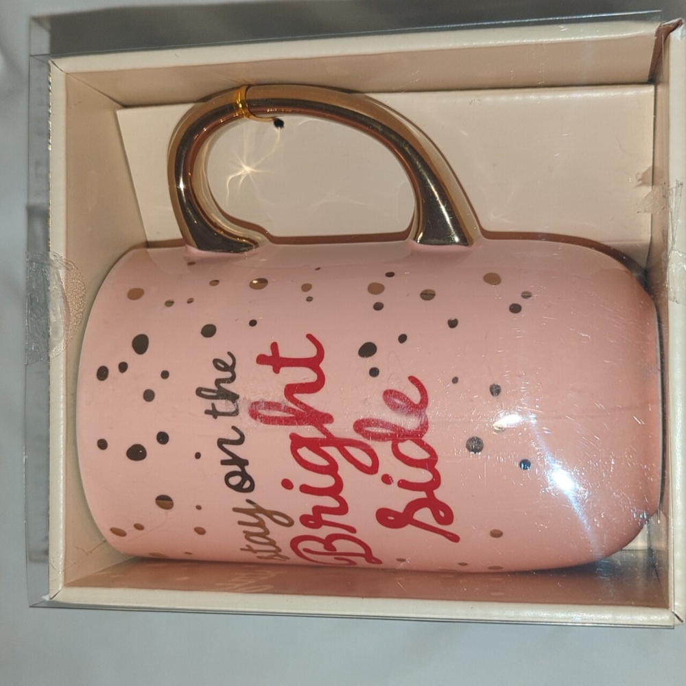 NIB Modern‎ Expressions Ceramic Mug Stay On The Bright Side Pink Gold Dots 20oz